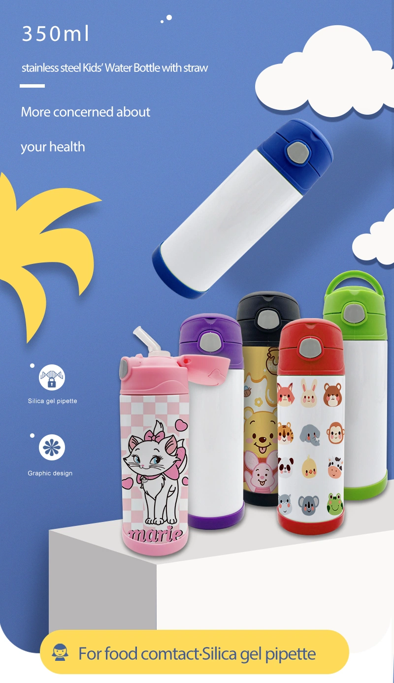 Vacuum Insulated Kids Press 350ml Water Bottle with Top Lid Straw