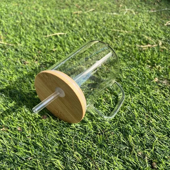 Corporate Gift Heat Transfer Printed 17oz Transparent Sublimation Glass Mug Clear Can Water Cup Bamboo Lid with Handle 