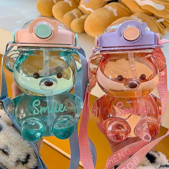 Child Kids Plastic Milk Bear Cute Water Bottle with Strap Straw 