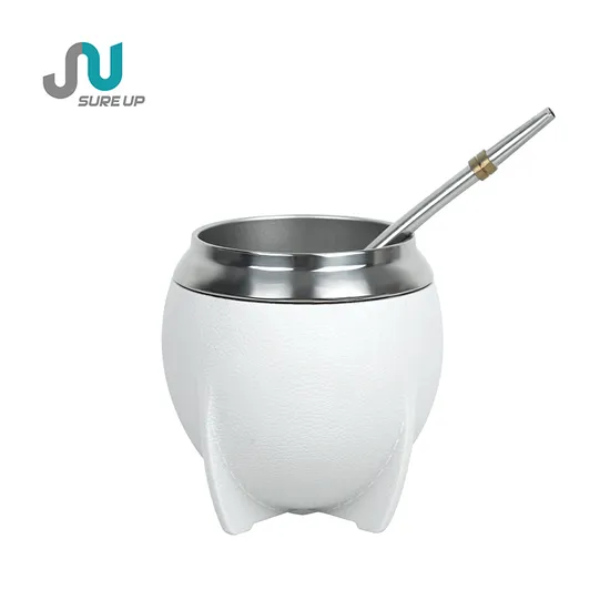Double Wall Food Grade 304 Stainless Steel Coffee Tea Cup Leather Wrapped Yerba Mate Tea Cup with Bombilla Straw 