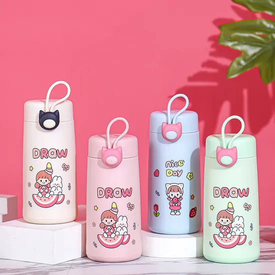 380ml Glass Drinking Cup with Lid Cute Cartoon Water Bottle with Handle Unique Rabbit Water Bottle for Girls Kids Teens 