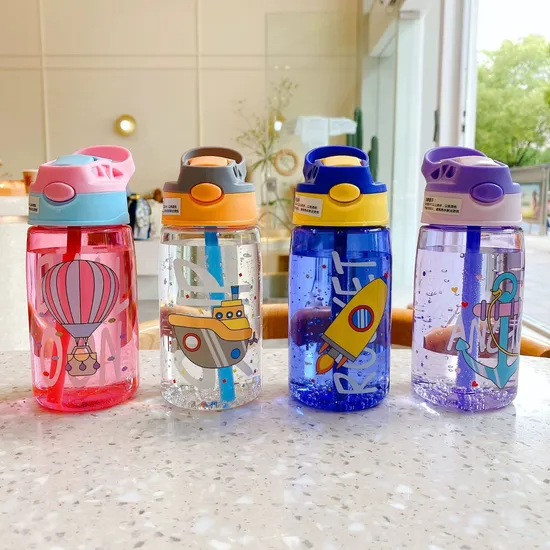 Exported Good Quality Rocket Ship Cartoon Print 500ml Flip Top Children′s Plastic Kids Straw Water Bottle for School 
